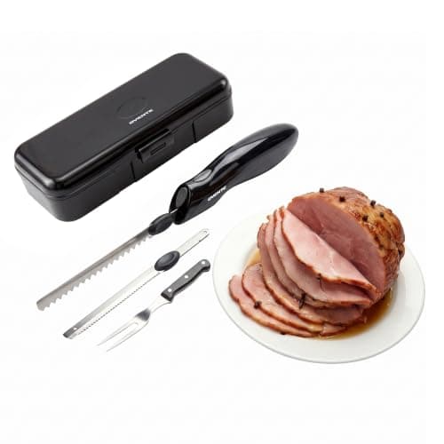 OVENTE Electric Knife with Two Serrated Blades and Carving Fork
