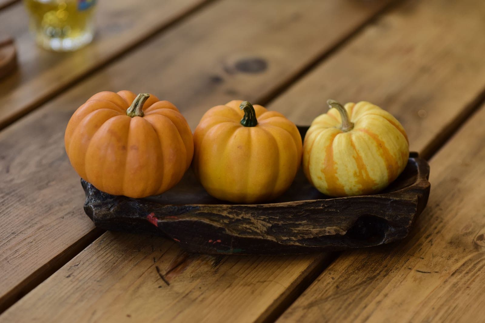 A fall table setting with pumpkins and warm tones