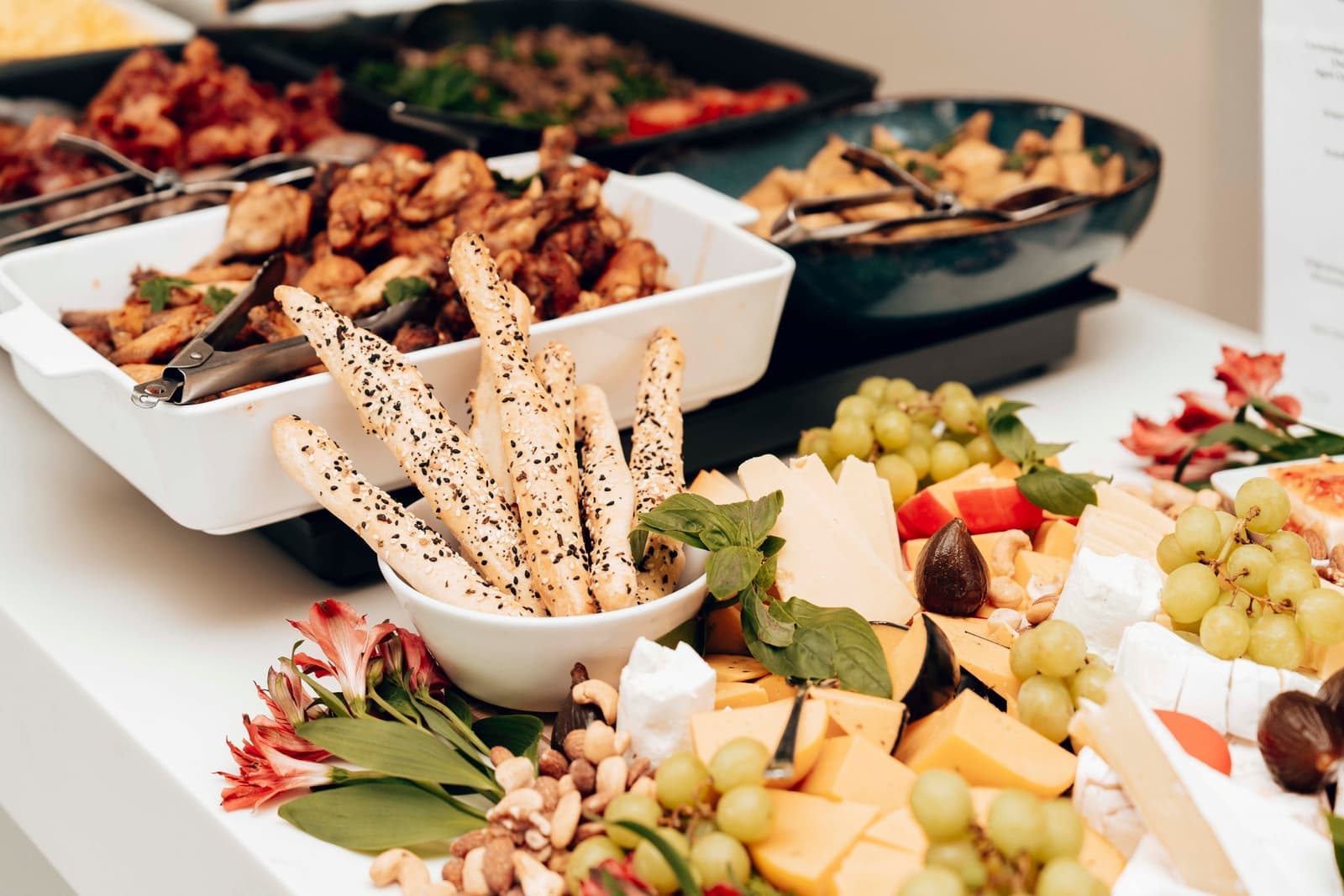 A spread of party food laid out on a table