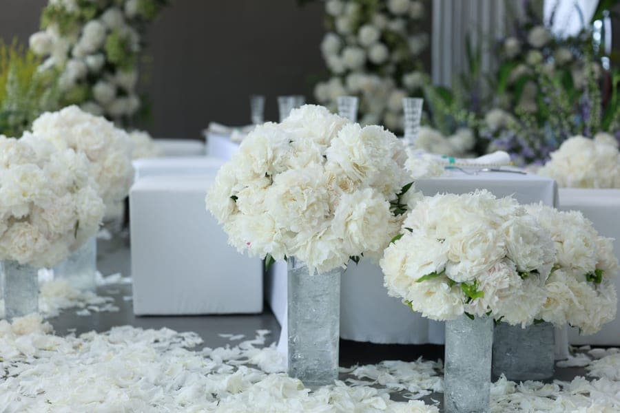 A floral centerpiece arrangement on a table